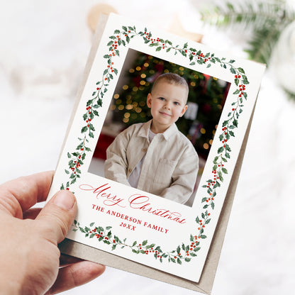 Elegant Holly Berries and Greenery 2 Photo Holiday Card | Corjl Template