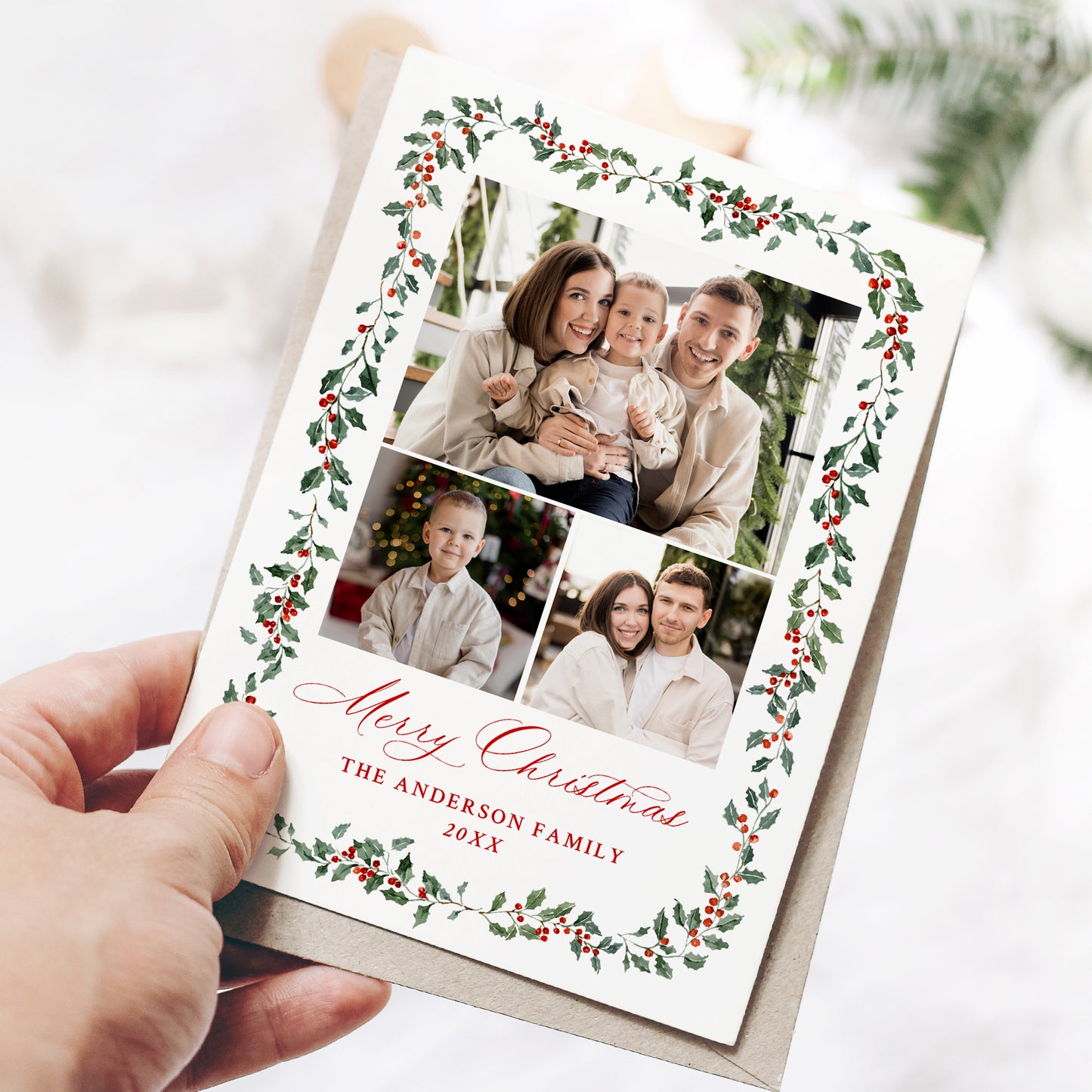 Elegant Holly Berries and Greenery 4 Photo Holiday Card | Corjl Template