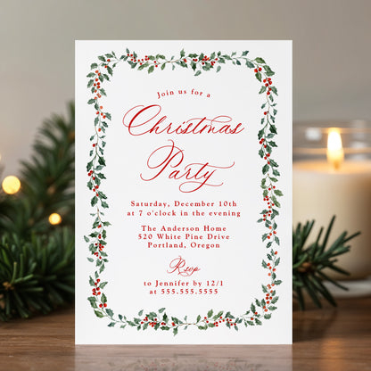 Elegant Holly Berries and Greenery Christmas Party Invitation | Corjl Template