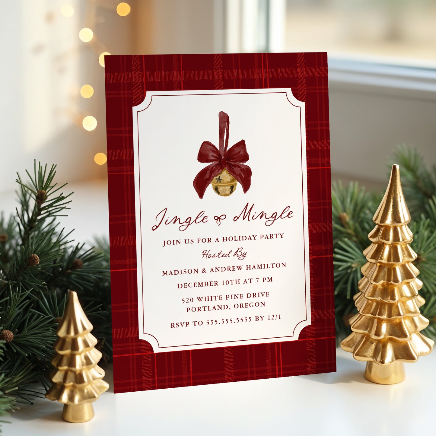 Elegant Jingle and Mingle Burgundy Plaid Christmas Party Invitation | Corjl Template
