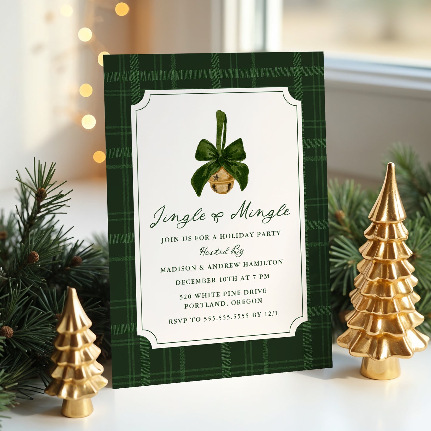 Elegant Jingle and Mingle Green Plaid Christmas Party Invitation | Corjl Template