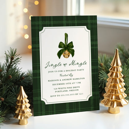 Elegant Jingle and Mingle Green Plaid Christmas Party Invitation | Corjl Template