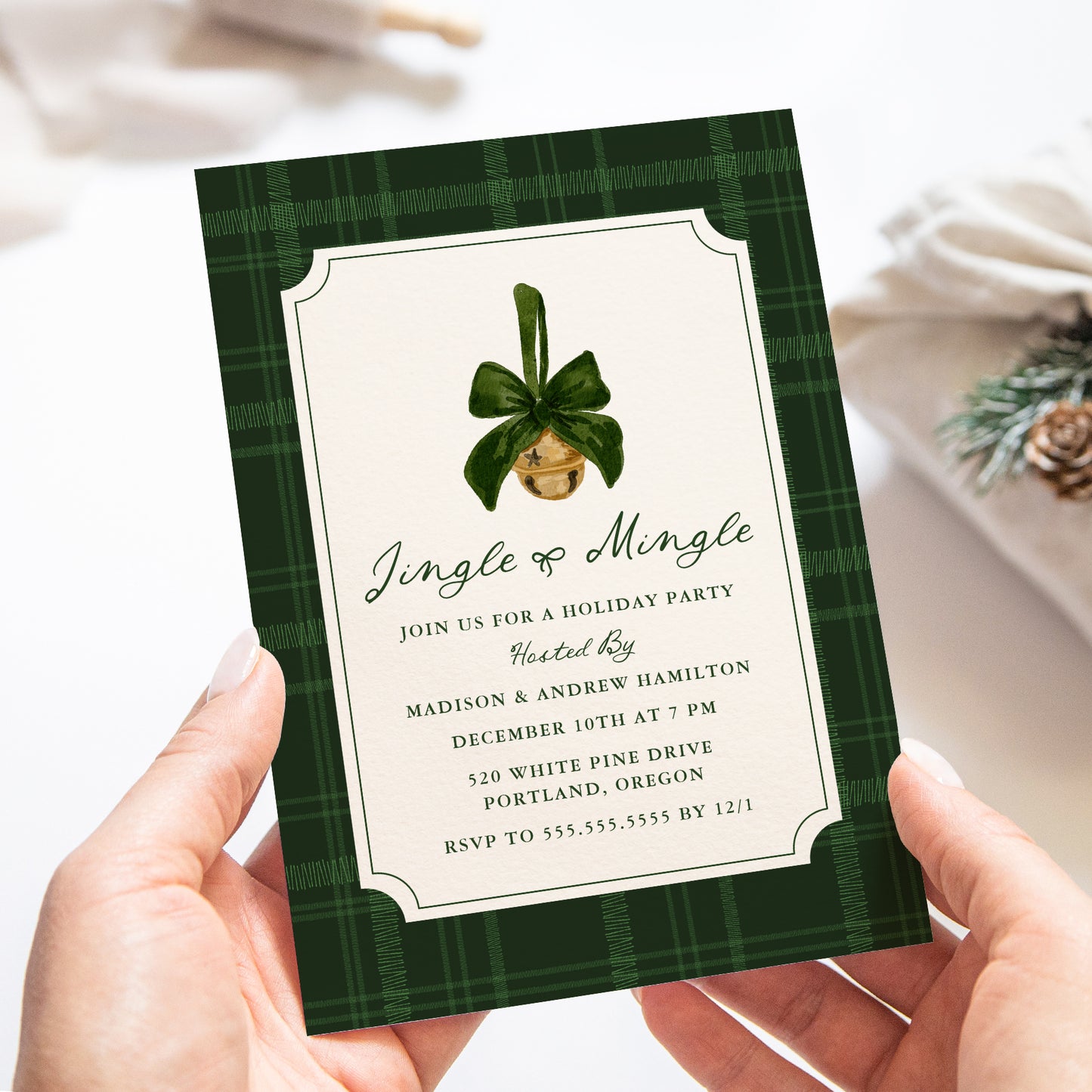 Elegant Jingle and Mingle Green Plaid Christmas Party Invitation | Corjl Template