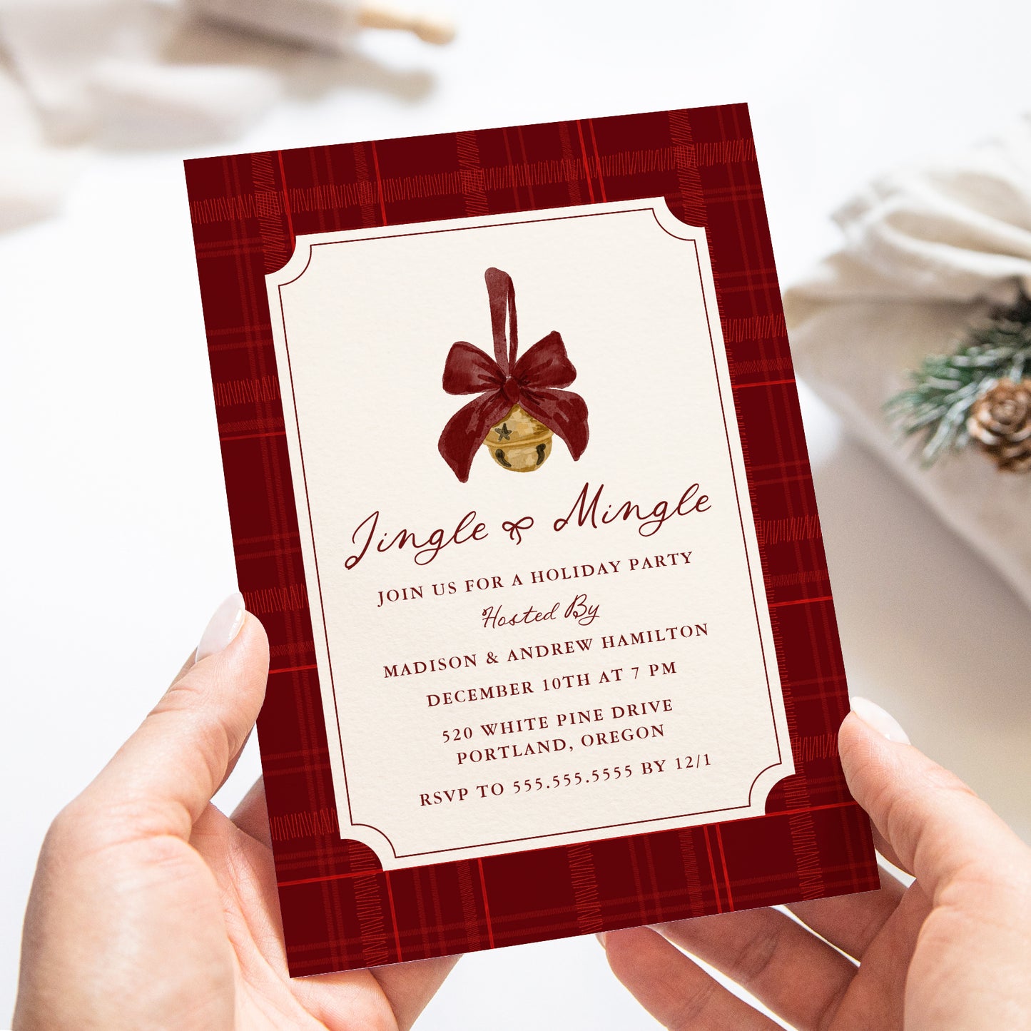 Elegant Jingle and Mingle Burgundy Plaid Christmas Party Invitation | Corjl Template