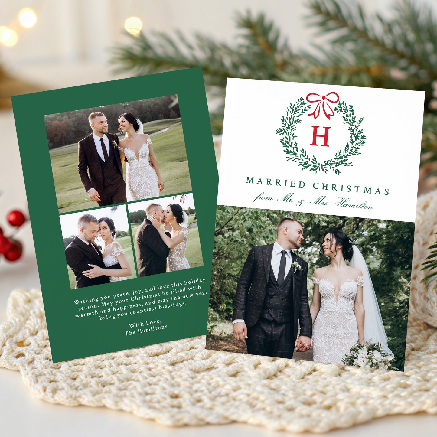 Elegant Married Christmas Wreath Monogram 4 Photo Holiday Card | Corjl Template