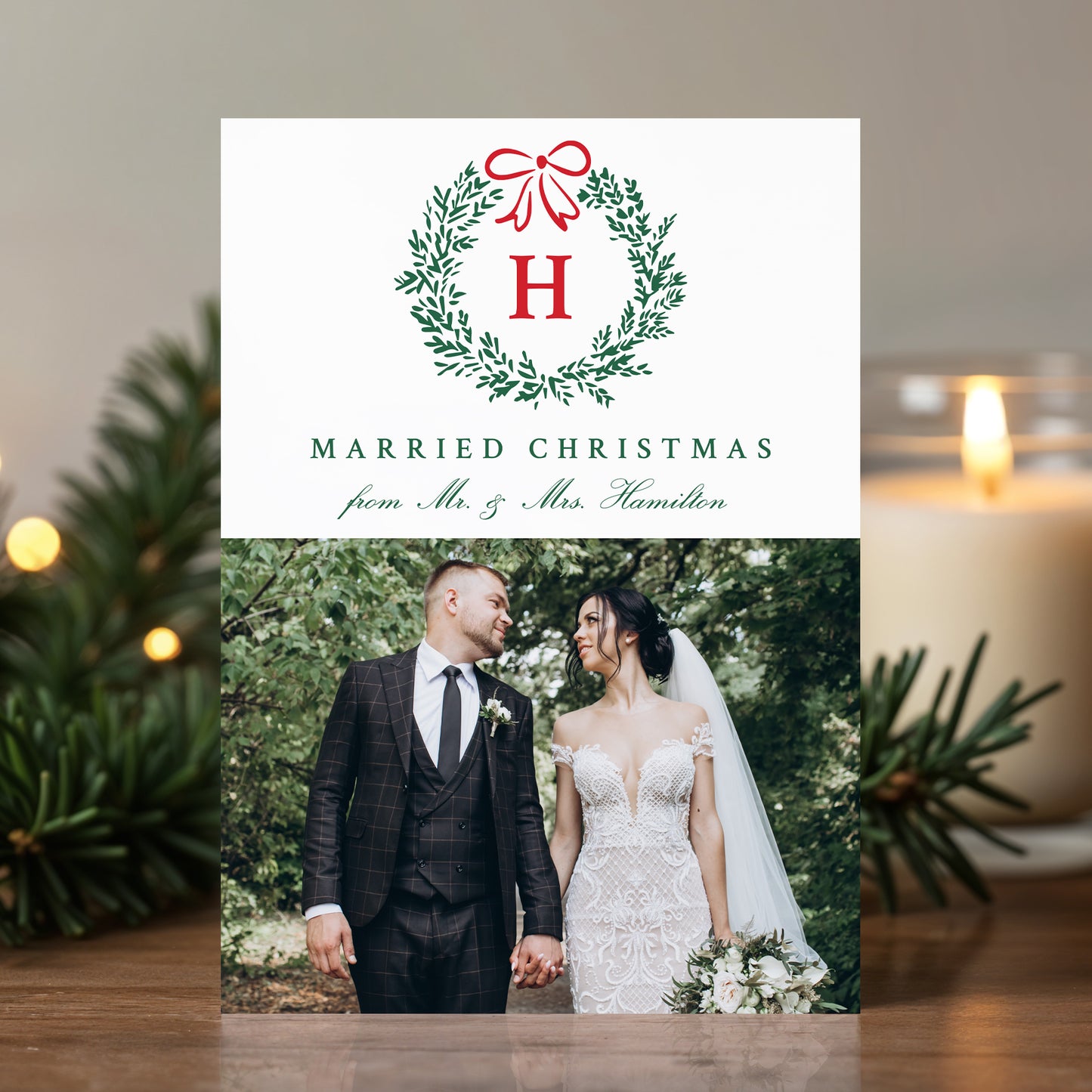 Elegant Married Christmas Wreath Monogram 4 Photo Holiday Card | Corjl Template