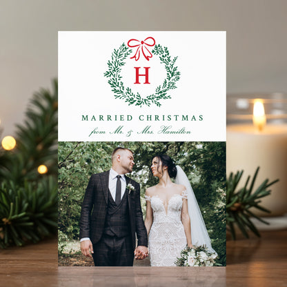 Elegant Married Christmas Wreath Monogram 4 Photo Holiday Card | Corjl Template