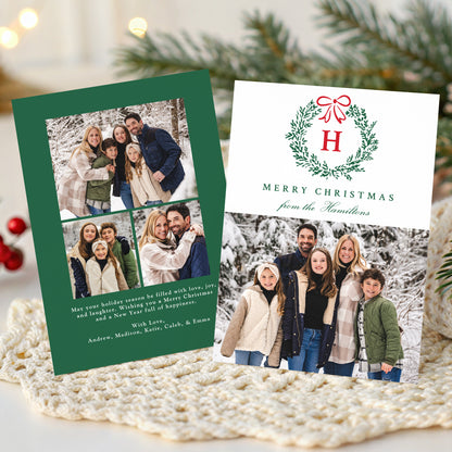 Elegant Red Bow Christmas Wreath Monogram 4 Photo Holiday Card | Corjl Template