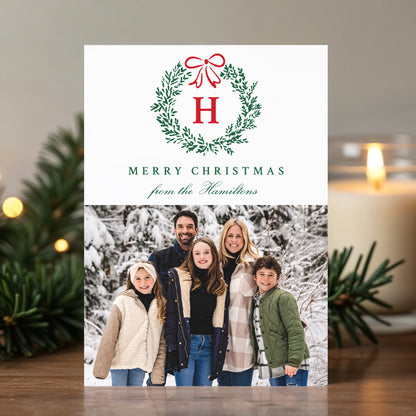 Elegant Red Bow Christmas Wreath Monogram 4 Photo Holiday Card | Corjl Template