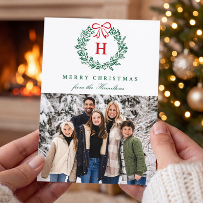 Elegant Red Bow Christmas Wreath Monogram 4 Photo Holiday Card | Corjl Template