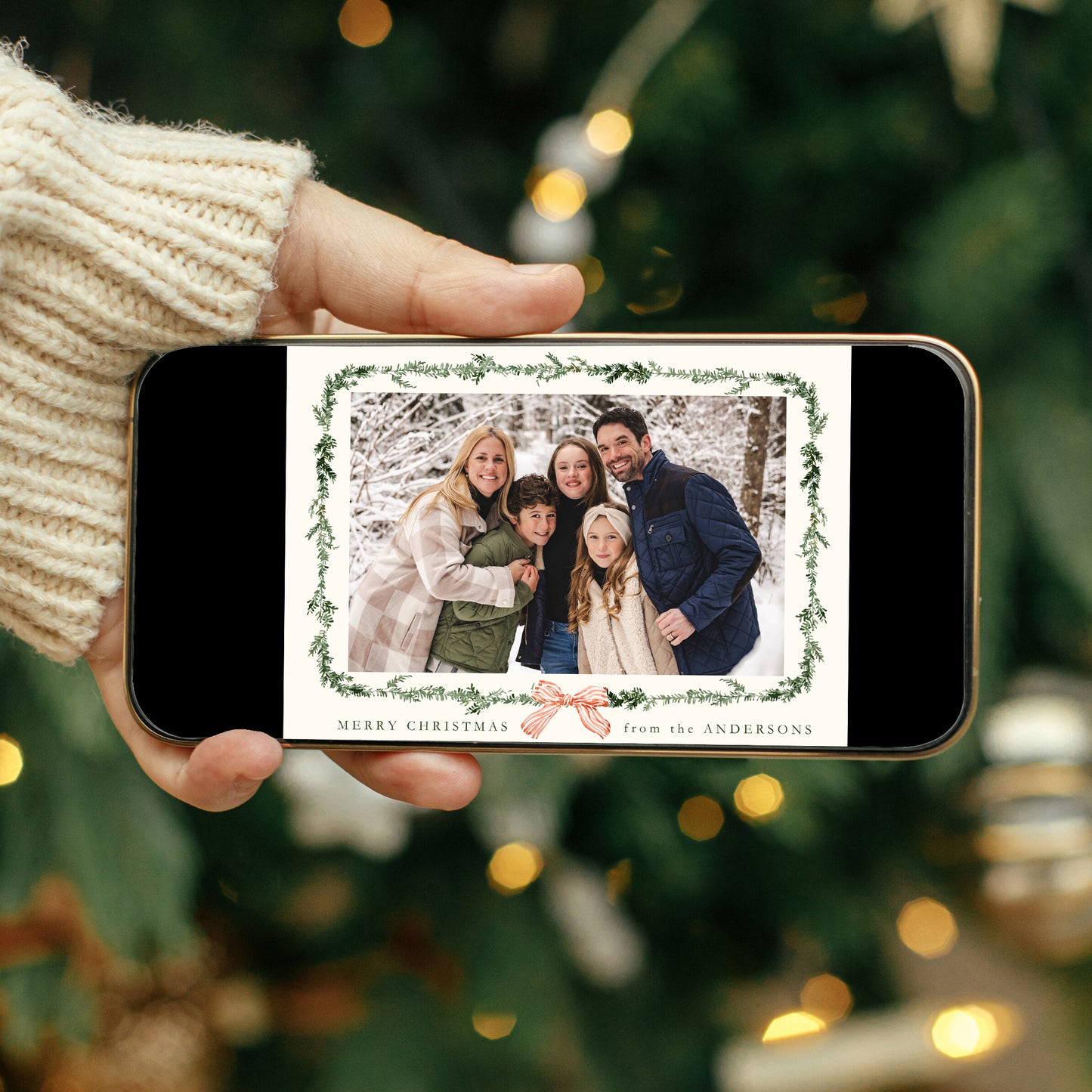 Elegant Red Bow Greenery Garland Cream Holiday Photo Card | Canva Template