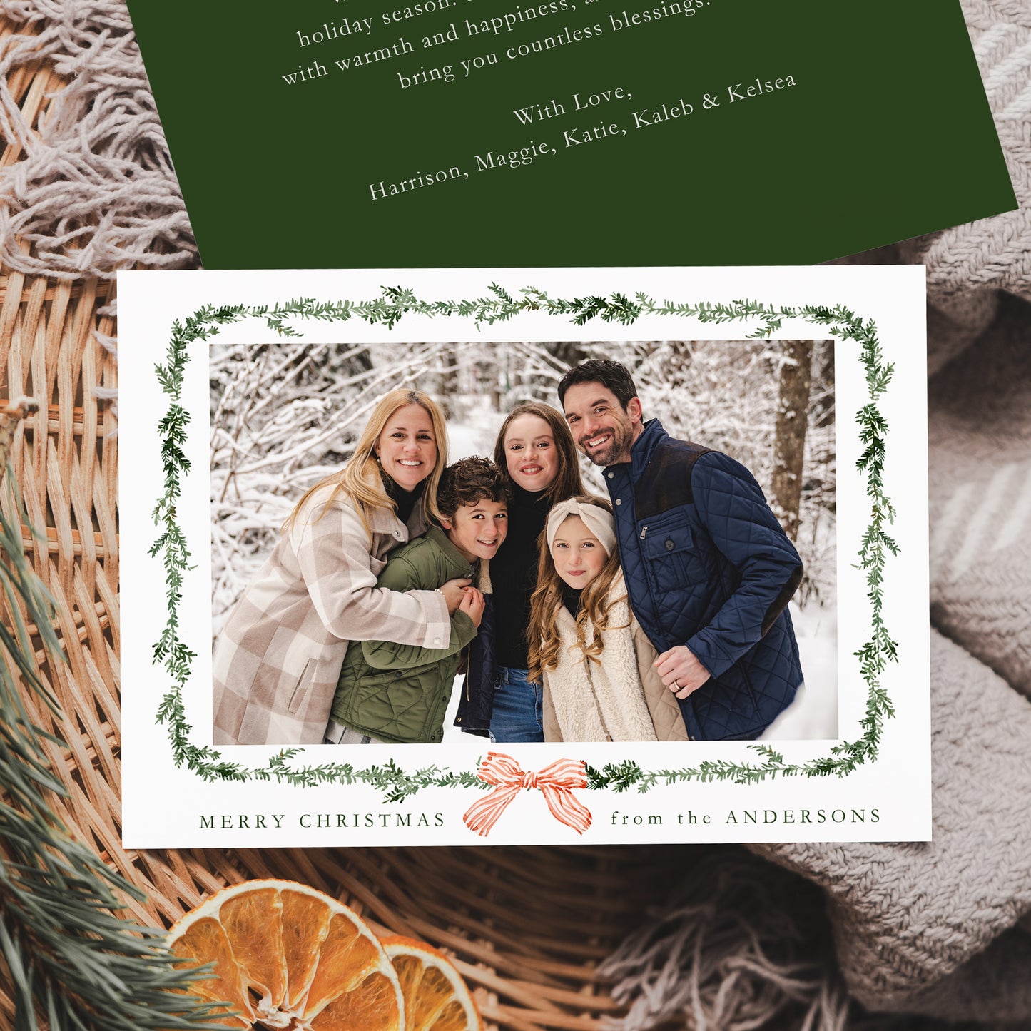 Elegant Red Bow Greenery Garland Holiday Photo Card | Canva Template
