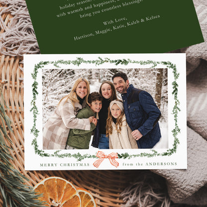 Elegant Red Bow Greenery Garland Holiday Photo Card | Canva Template