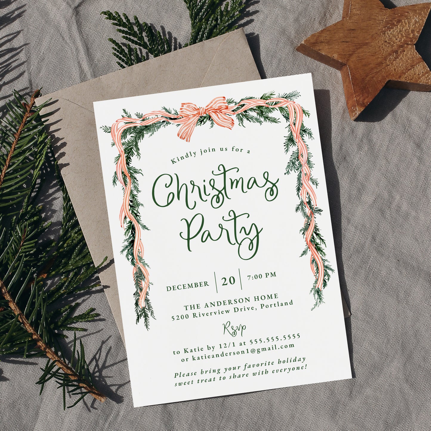 Elegant Red Striped Bow Greenery Christmas Party Invitation | Corjl Template