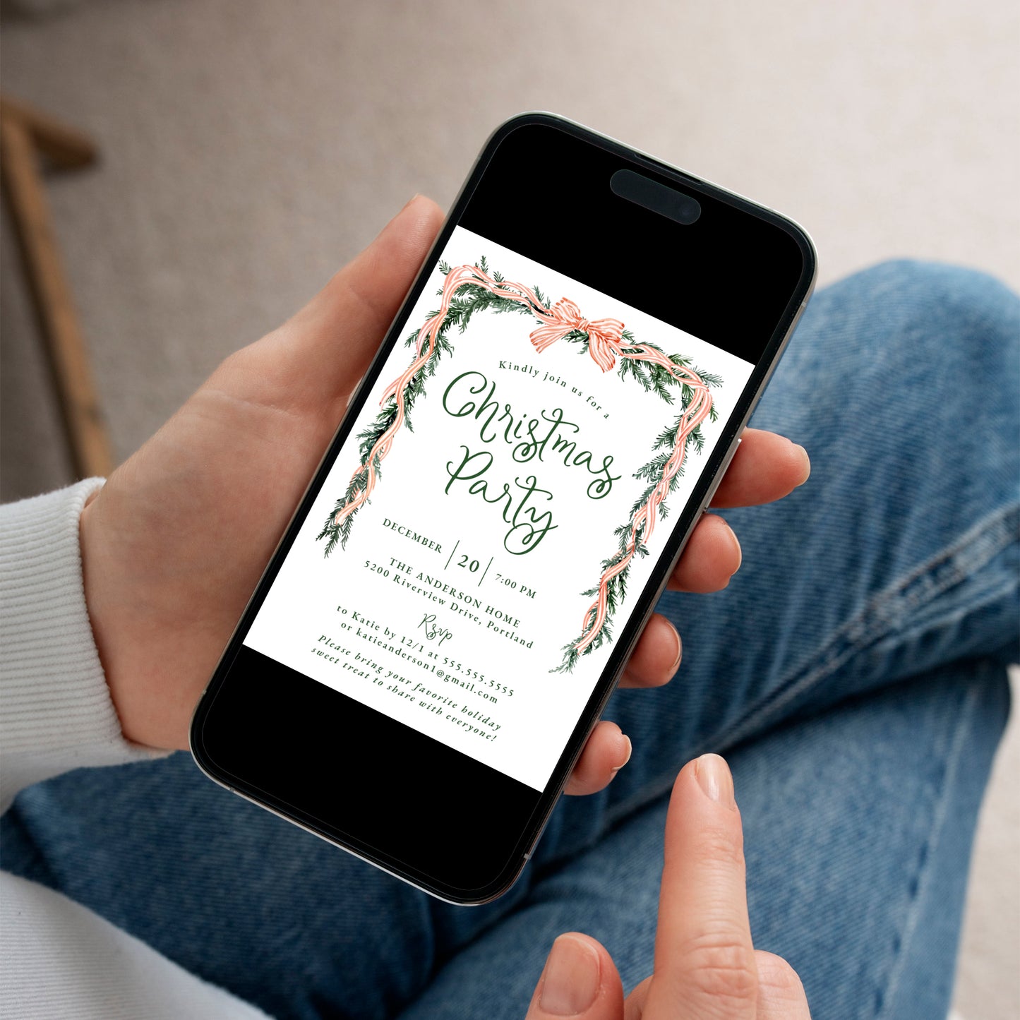 Elegant Red Striped Bow Greenery Christmas Party Invitation | Corjl Template