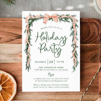 Elegant Red Striped Bow Greenery Holiday Party Invitation | Corjl Template