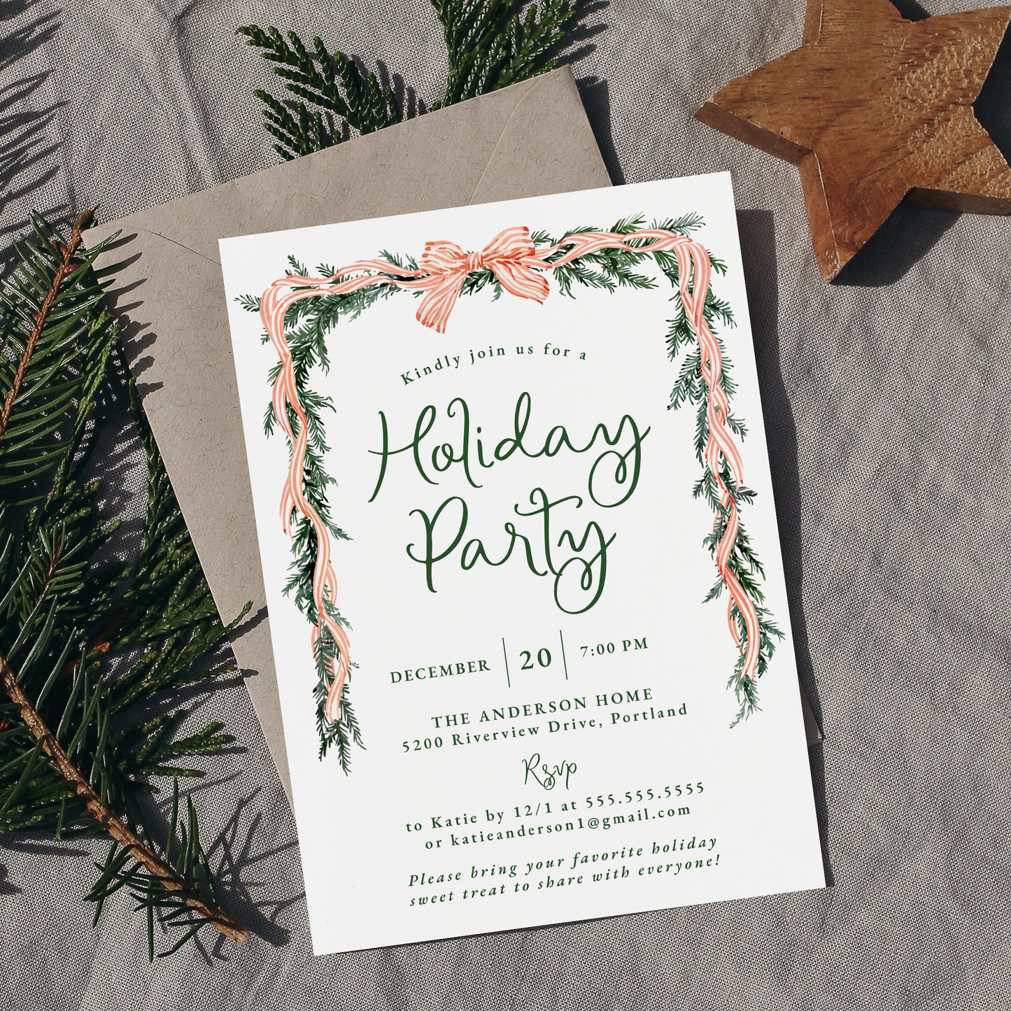 Elegant Red Striped Bow Greenery Holiday Party Invitation | Corjl Template