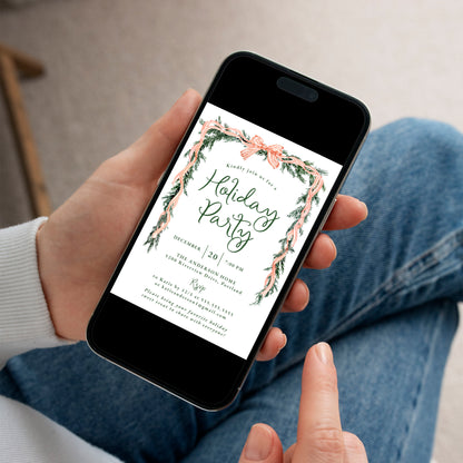 Elegant Red Striped Bow Greenery Holiday Party Invitation | Corjl Template