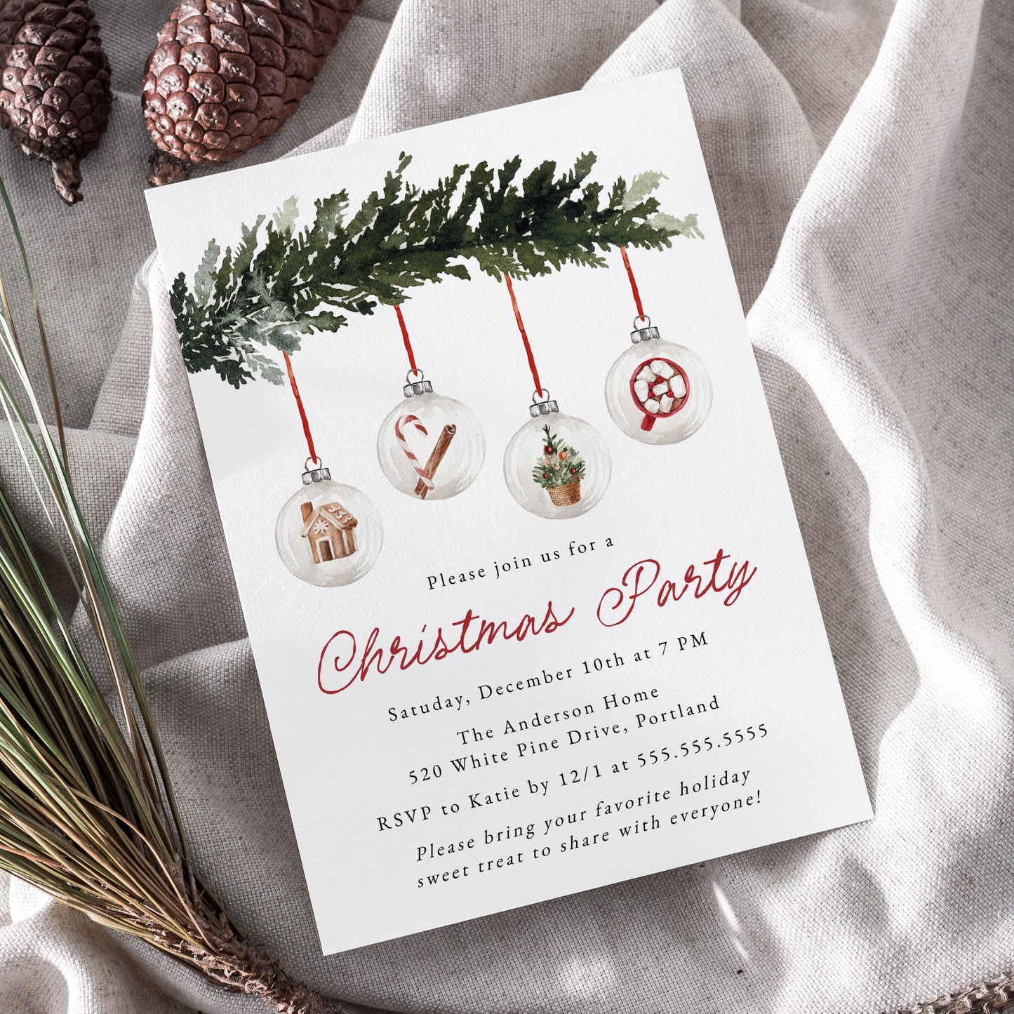 Elegant Watercolor Ornaments Christmas Party Invitation | Corjl Template