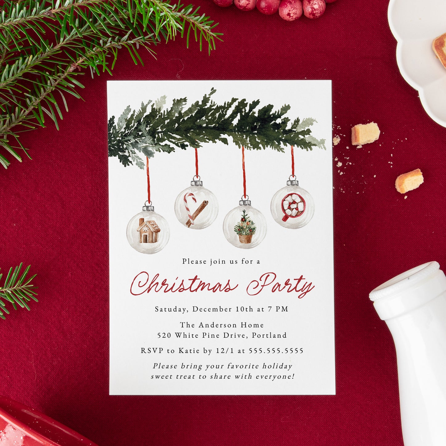 Elegant Watercolor Ornaments Christmas Party Invitation | Corjl Template