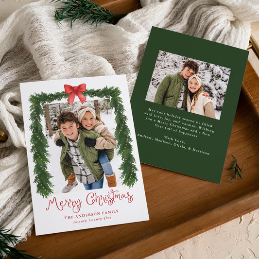 Whimsical Red Bow Garland Christmas 2 Photo Holiday Card | Corjl Template