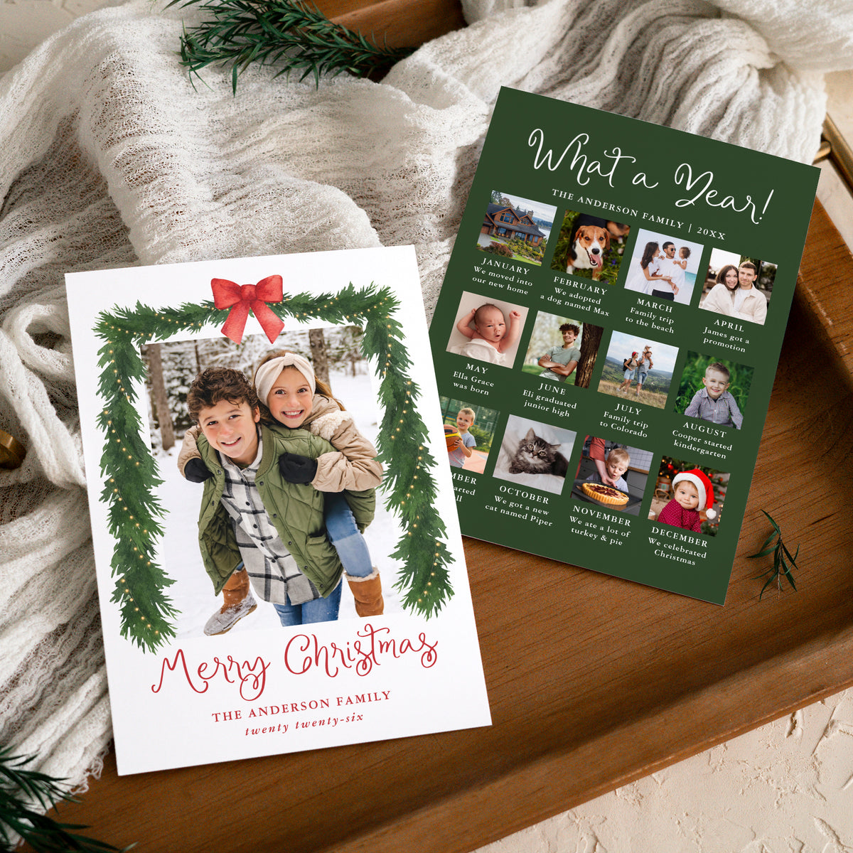 Whimsical Red Bow Garland Year in Review Christmas Photo Card Template