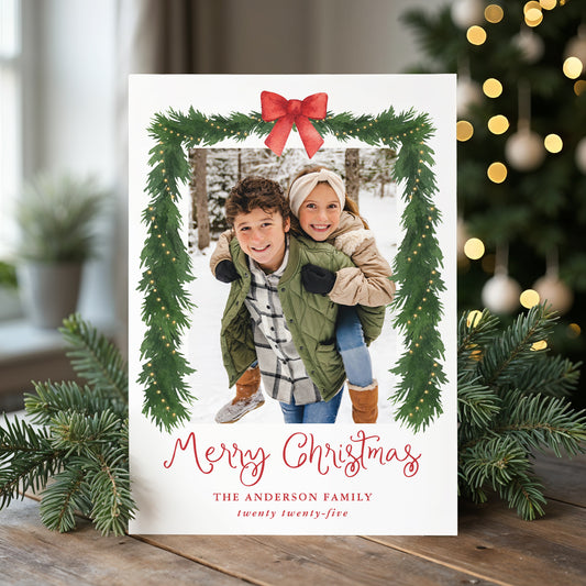 Whimsical Red Bow Garland Christmas Photo Holiday Card | Corjl Template