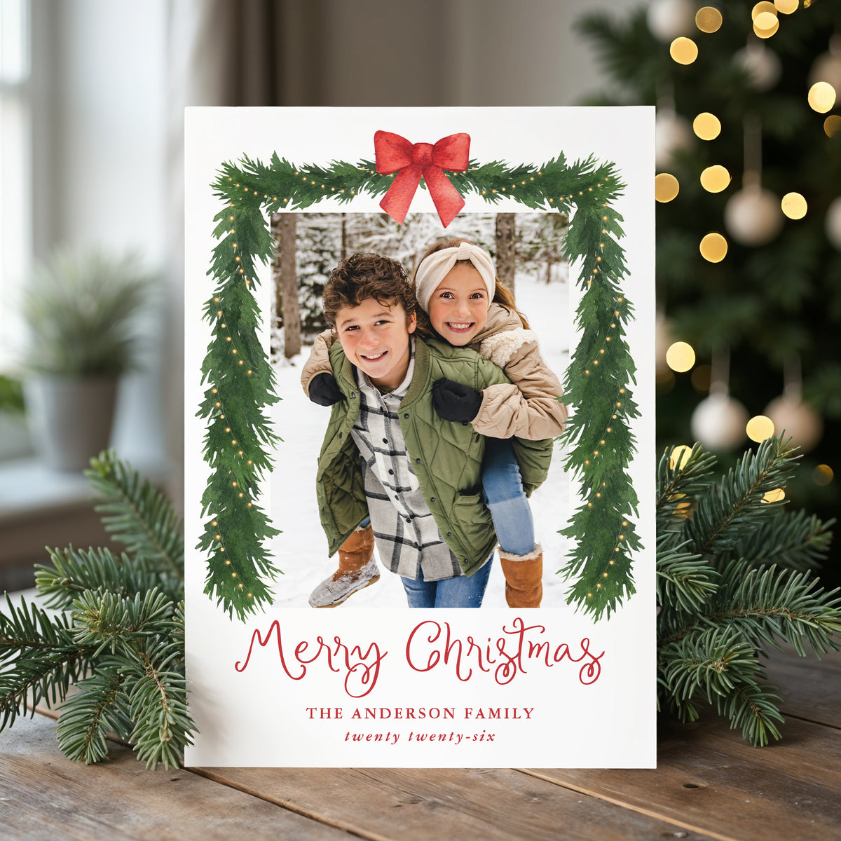 Whimsical Red Bow Garland Year in Review Christmas Photo Card Template