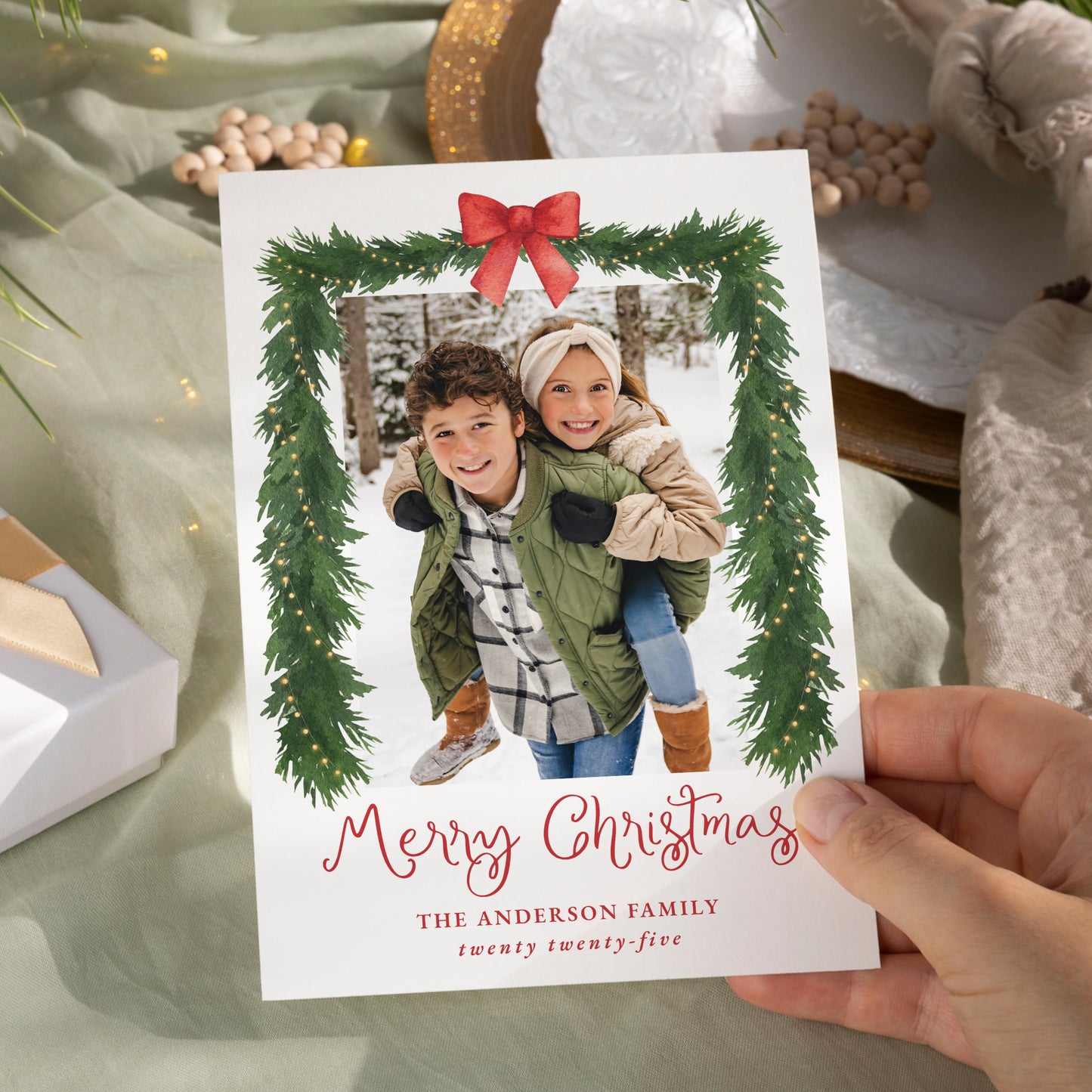 Whimsical Red Bow Garland Christmas Photo Holiday Card | Corjl Template