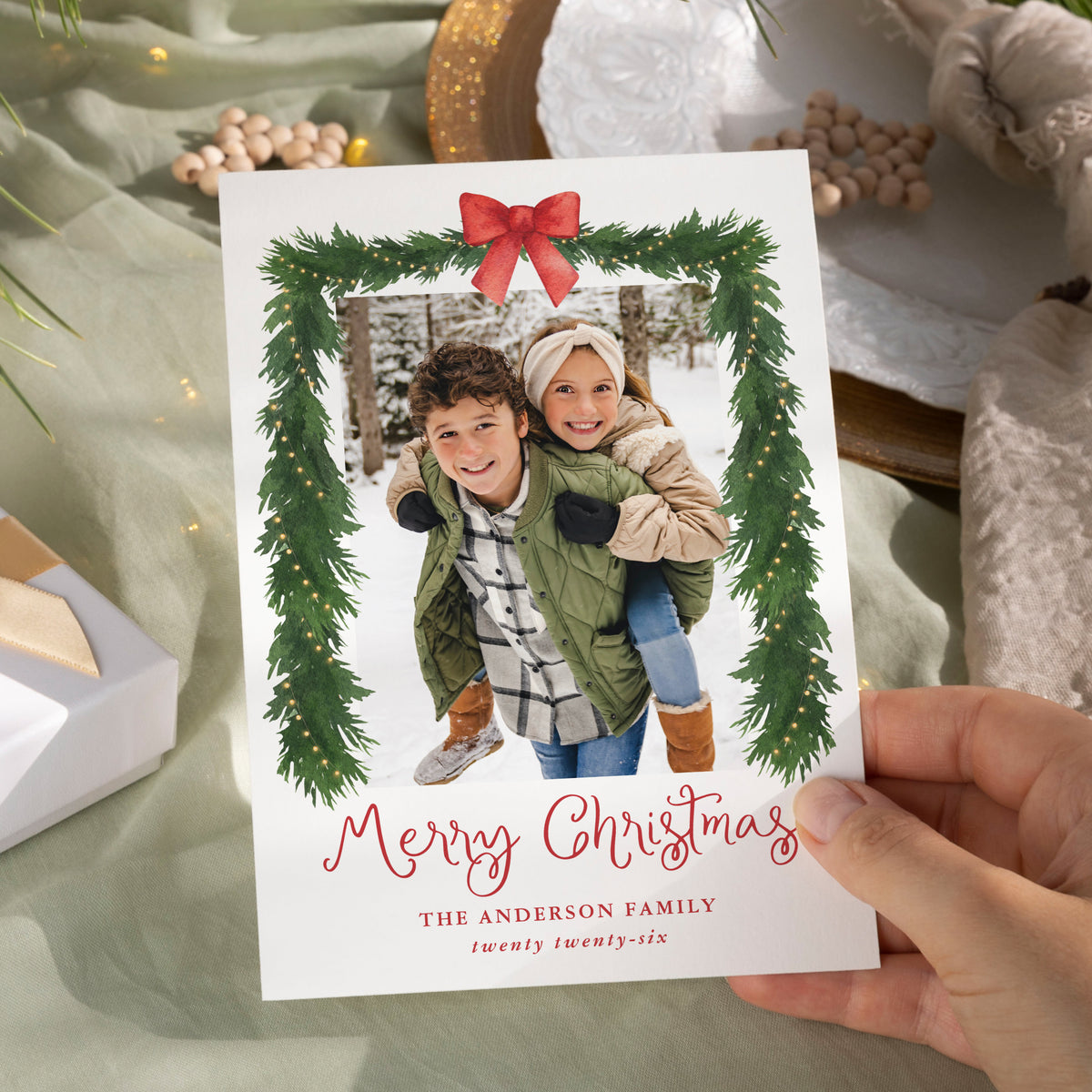 Whimsical Red Bow Garland Year in Review Christmas Photo Card Template