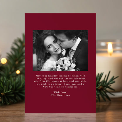 Elegant Merry and Married Burgundy Bow Newlywed Christmas Photo Card | Corjl Listing