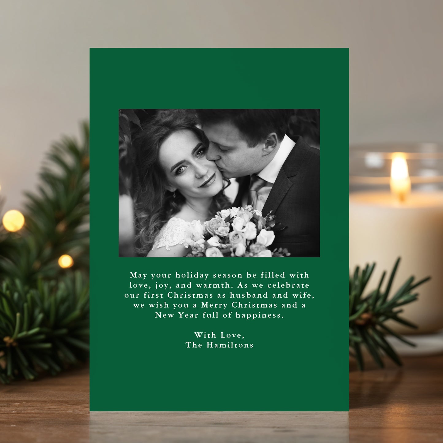 Elegant Merry and Married Green Bow Newlywed Christmas Photo Card | Corjl Template