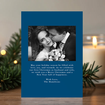 Elegant Merry and Married Navy Bow Newlywed Christmas Photo Card | Corjl Template