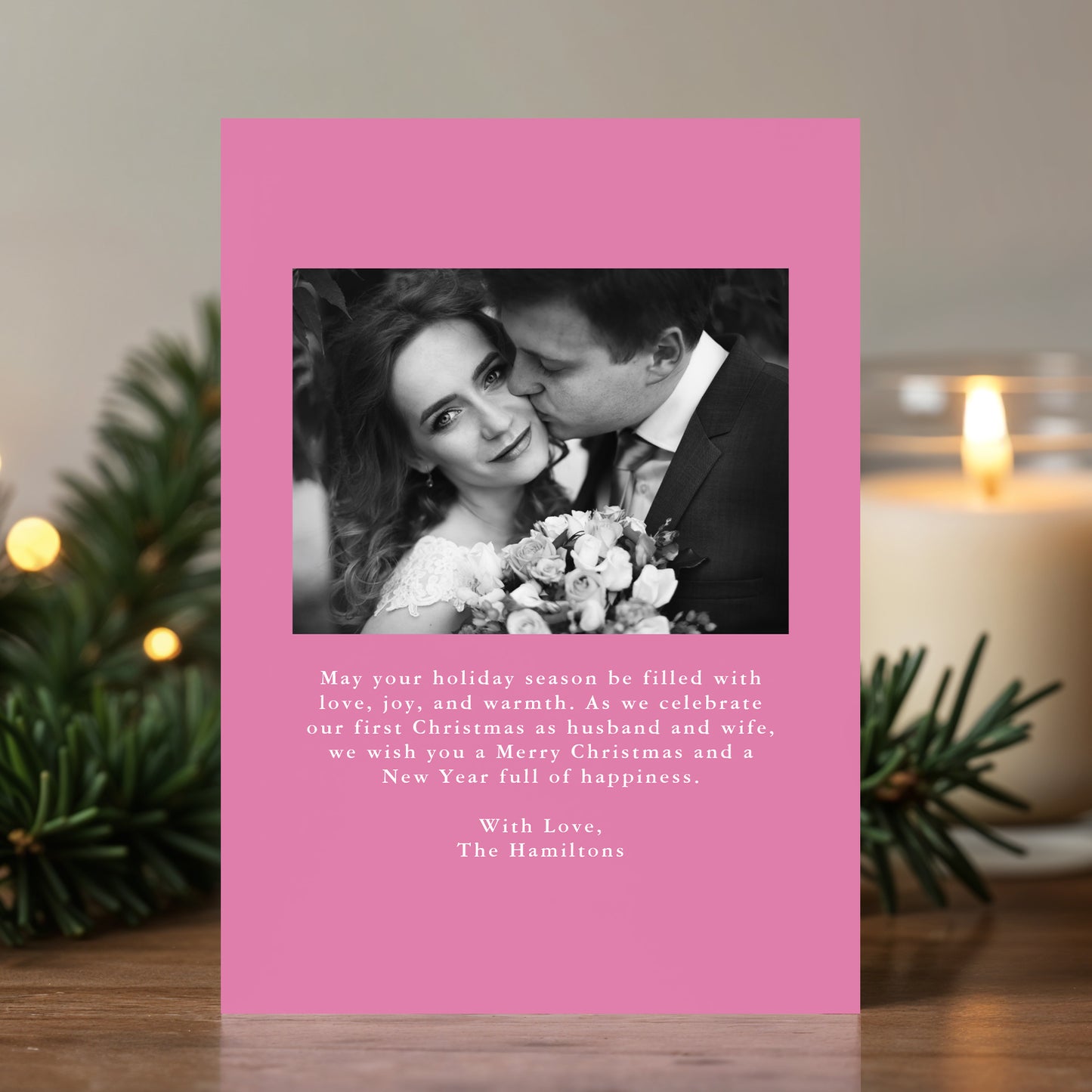 Elegant Merry and Married Pink Bow Newlywed Christmas Photo Card | Corjl Listing