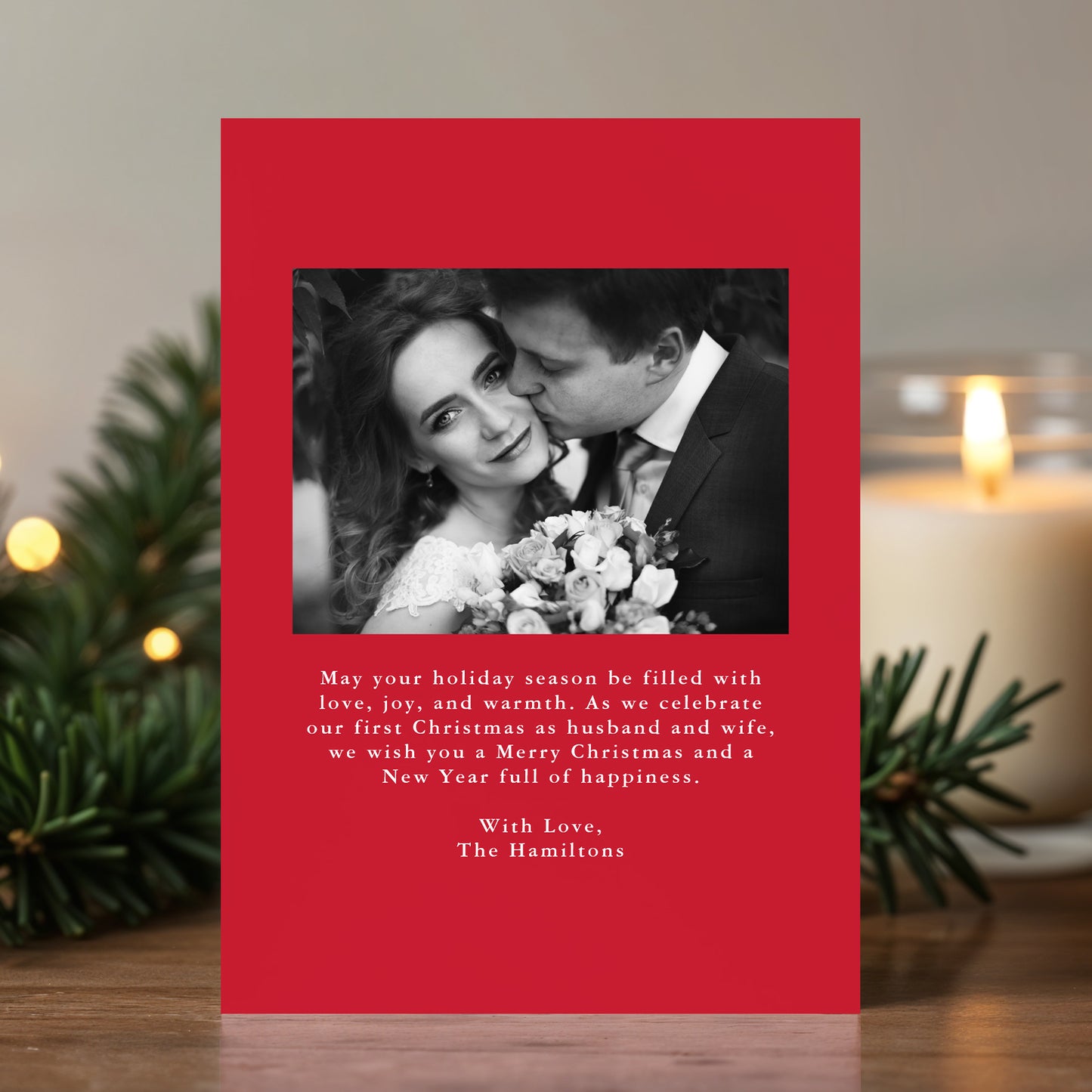 Elegant Merry and Married Red Bow Newlywed Christmas Photo Card | Corjl Template