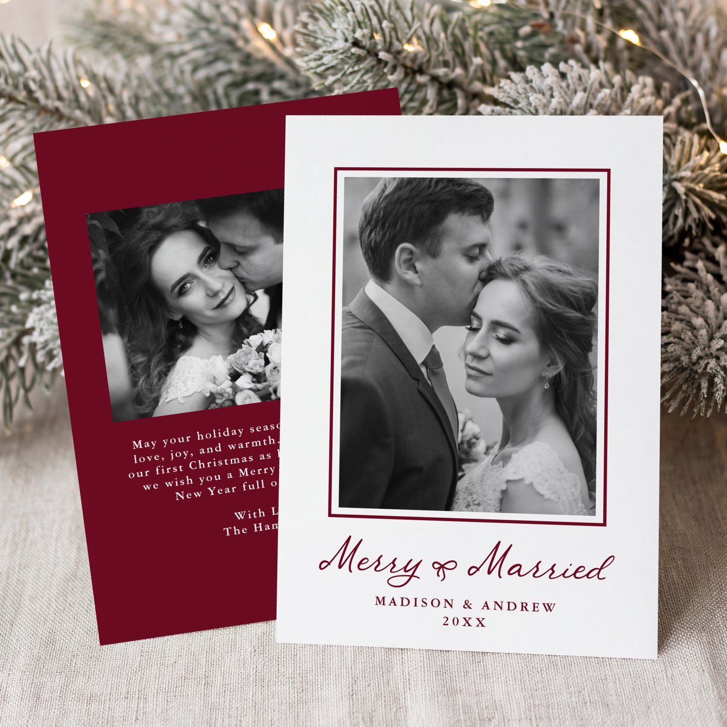 Elegant Merry and Married Burgundy Bow Newlywed Christmas Photo Card | Corjl Listing