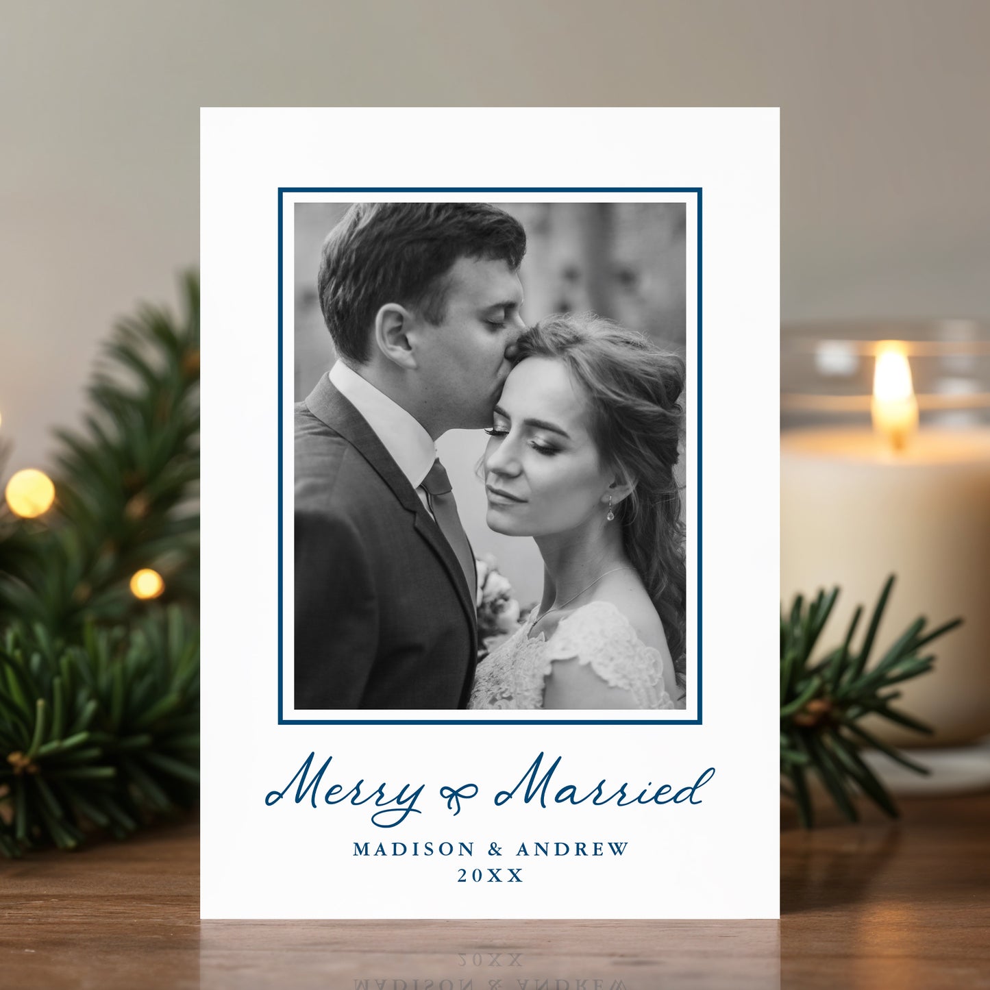 Elegant Merry and Married Navy Bow Newlywed Christmas Photo Card | Corjl Template