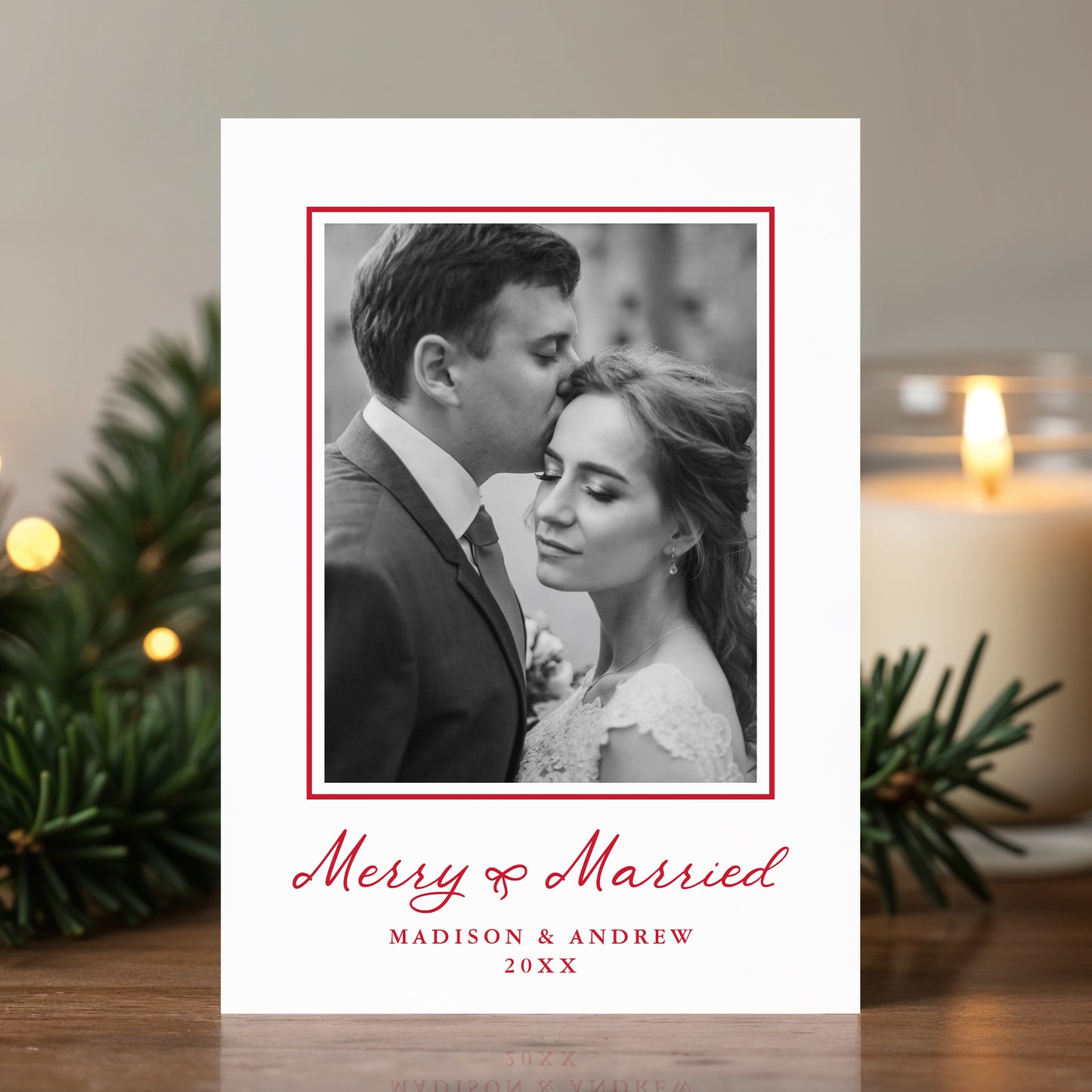 Elegant Merry and Married Red Bow Newlywed Christmas Photo Card | Corjl Template