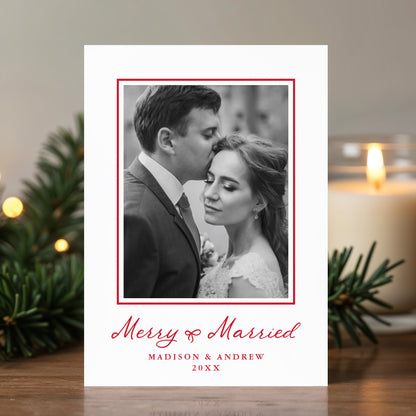 Elegant Merry and Married Red Bow Newlywed Christmas Photo Card | Corjl Template