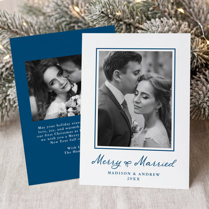 Elegant Merry and Married Navy Bow Newlywed Christmas Photo Card | Corjl Template