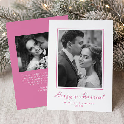 Elegant Merry and Married Pink Bow Newlywed Christmas Photo Card | Corjl Listing