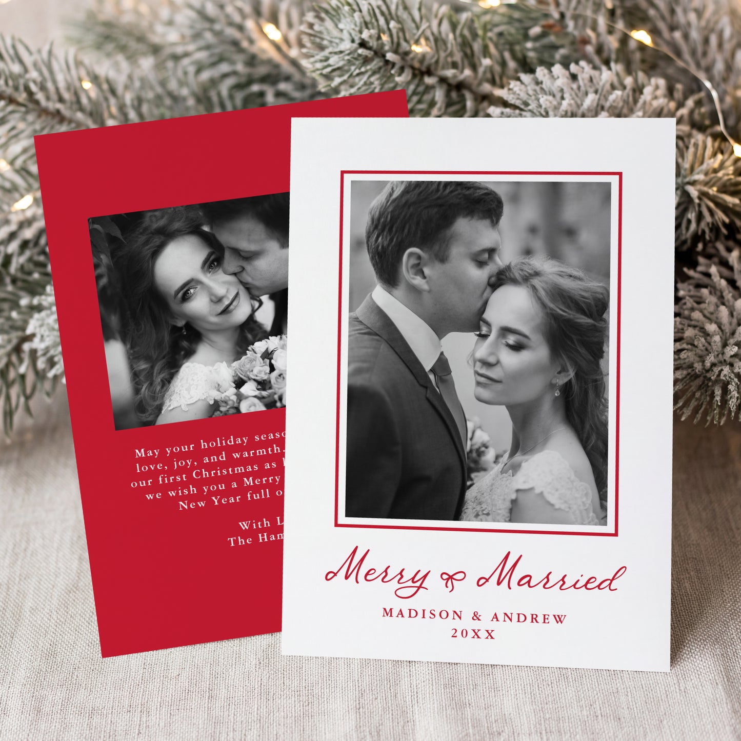 Elegant Merry and Married Red Bow Newlywed Christmas Photo Card | Corjl Template