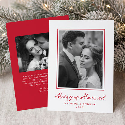 Elegant Merry and Married Red Bow Newlywed Christmas Photo Card | Corjl Template