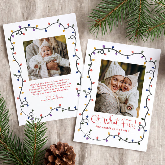 Oh What Fun Whimsical Christmas Lights Holiday Photo Card Template