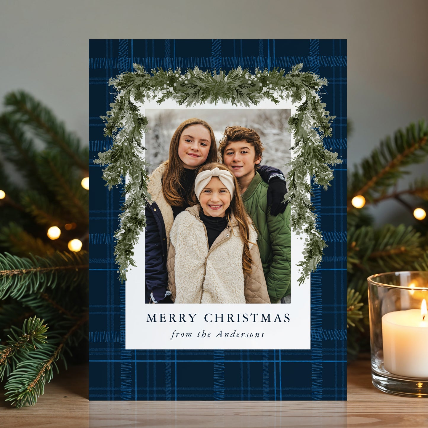 Rustic Blue Plaid Greenery Christmas 4 Photo Holiday Card | Corjl Template