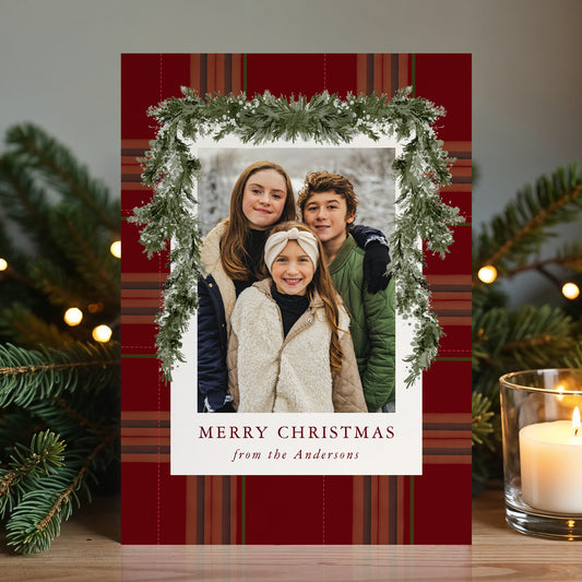 Rustic Burgundy Plaid Greenery Christmas 4 Photo Holiday Card | Corjl Template