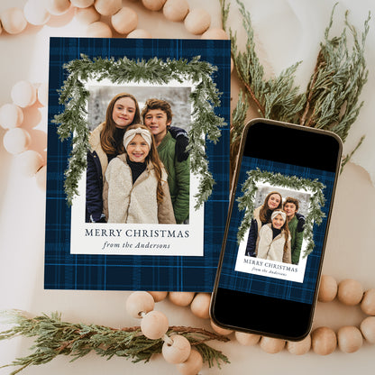 Rustic Blue Plaid Greenery Christmas 4 Photo Holiday Card | Corjl Template
