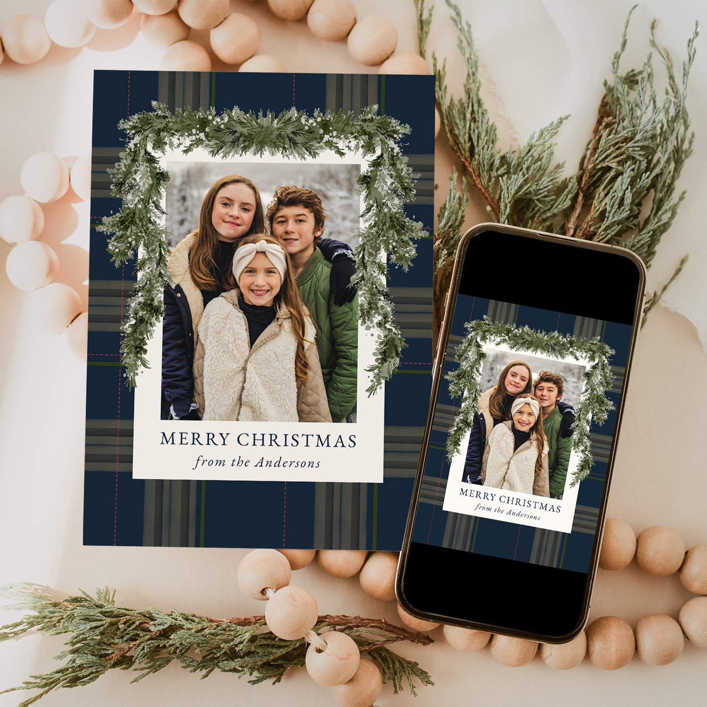 Rustic Navy Plaid Greenery Christmas 4 Photo Holiday Card | Corjl Template