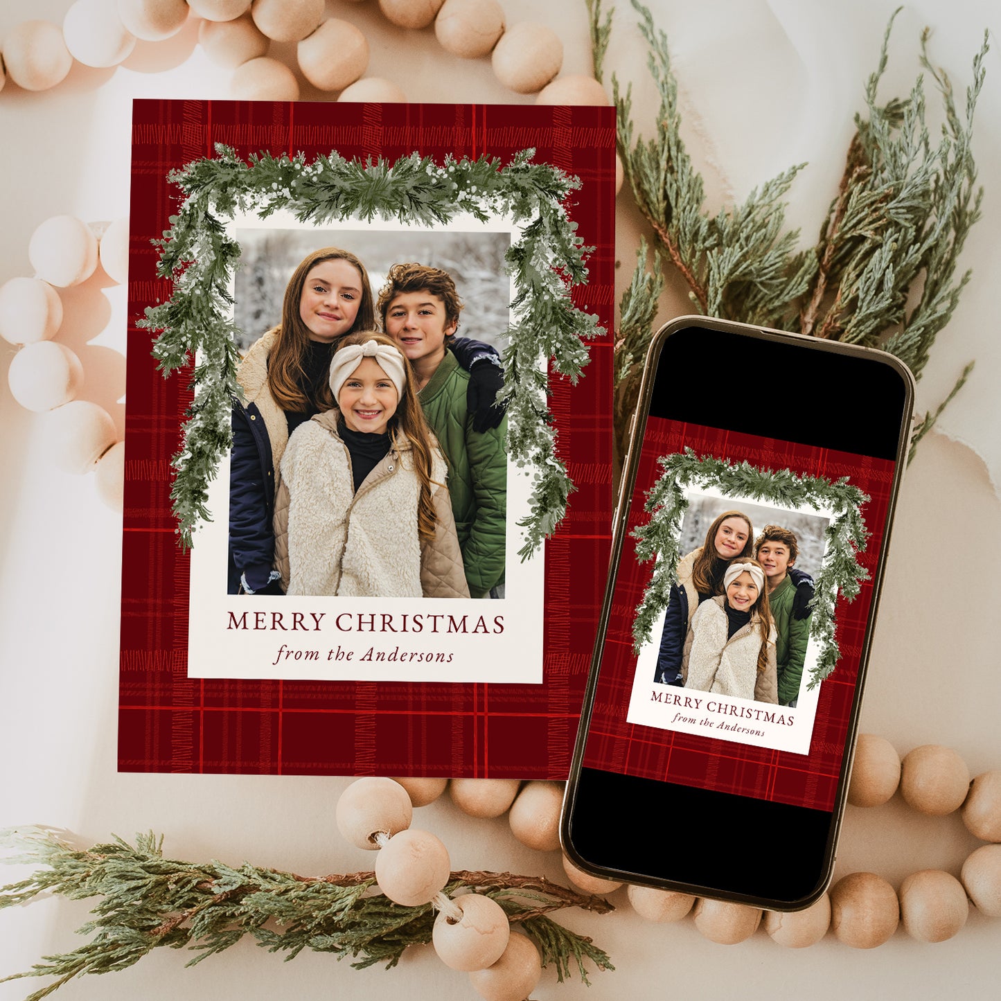 Rustic Red Plaid Greenery Christmas 4 Photo Holiday Card | Corjl Template