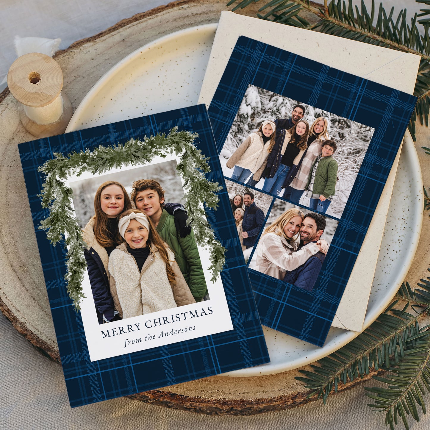 Rustic Blue Plaid Greenery Christmas 4 Photo Holiday Card | Corjl Template